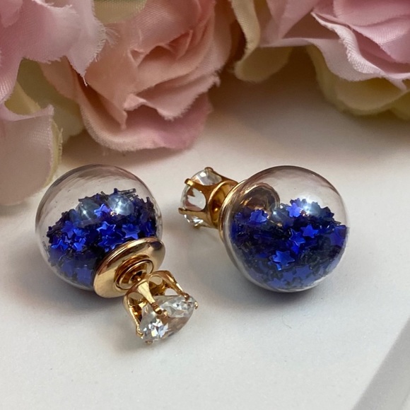 Double Stud Blue Star Confetti Crystal Earrings - Picture 3 of 16
